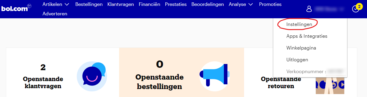 Bol.com menu met Instellingen