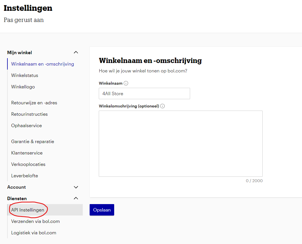 Bol.com instellingenpagina met API instellingen