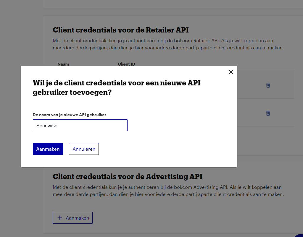 Nieuwe client credentials aanmaken voor Sendwise