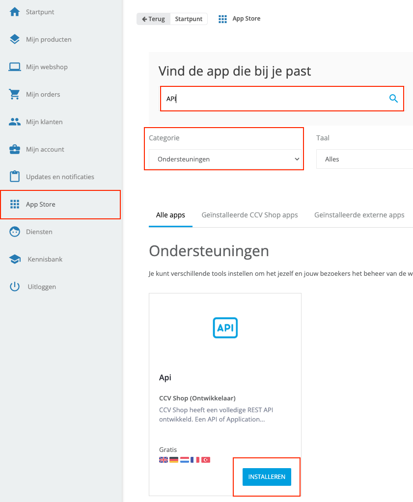 API app zoeken en installeren in CCV Shop