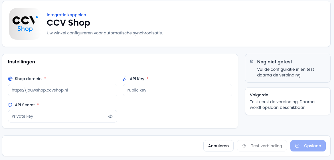 CCV Shop koppeling configureren in Sendwise