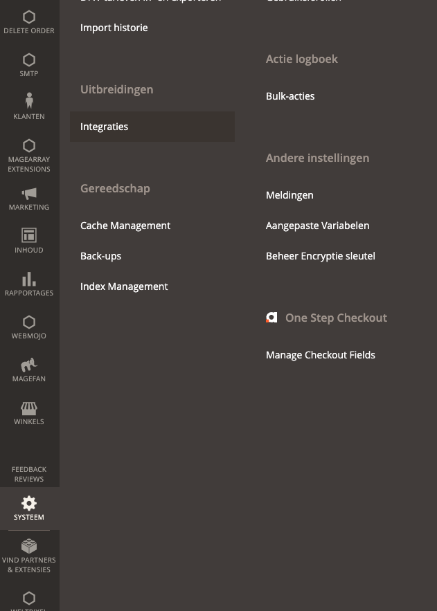 Magento menu Systeem met Integraties