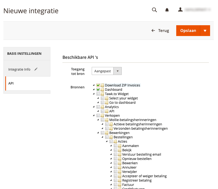 Magento API bronnen selecteren
