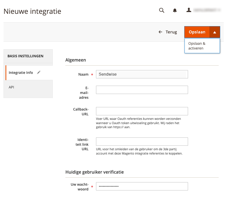 Magento integratie info met Sendwise als naam