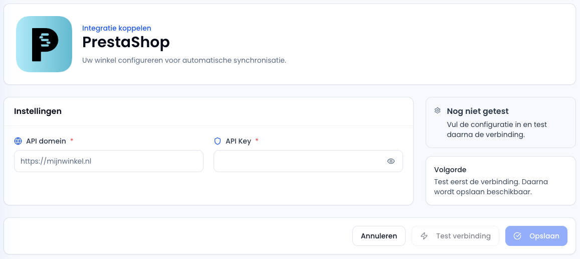 PrestaShop koppeling configureren in Sendwise
