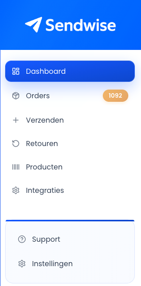Sendwise menu met Instellingen