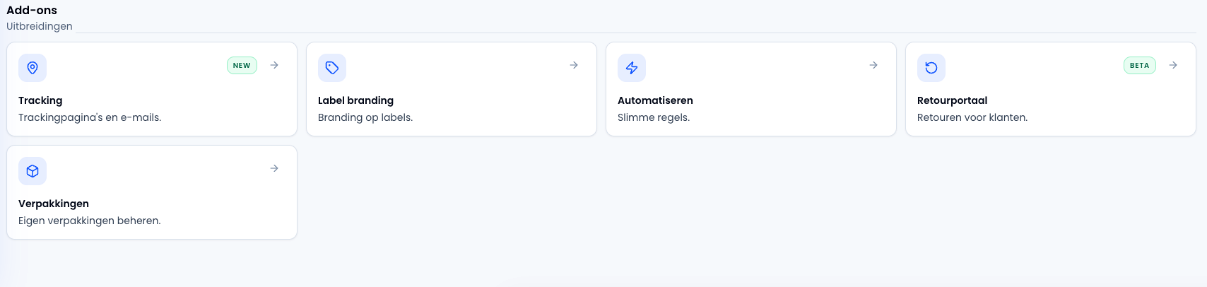 Add-ons pagina met Retourportaal