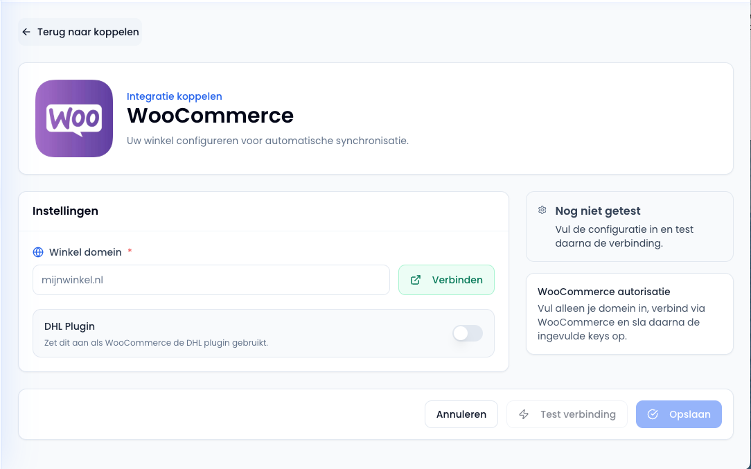 WooCommerce-koppeling in Sendwise met het veld Winkeldomein en de knop Verbinden