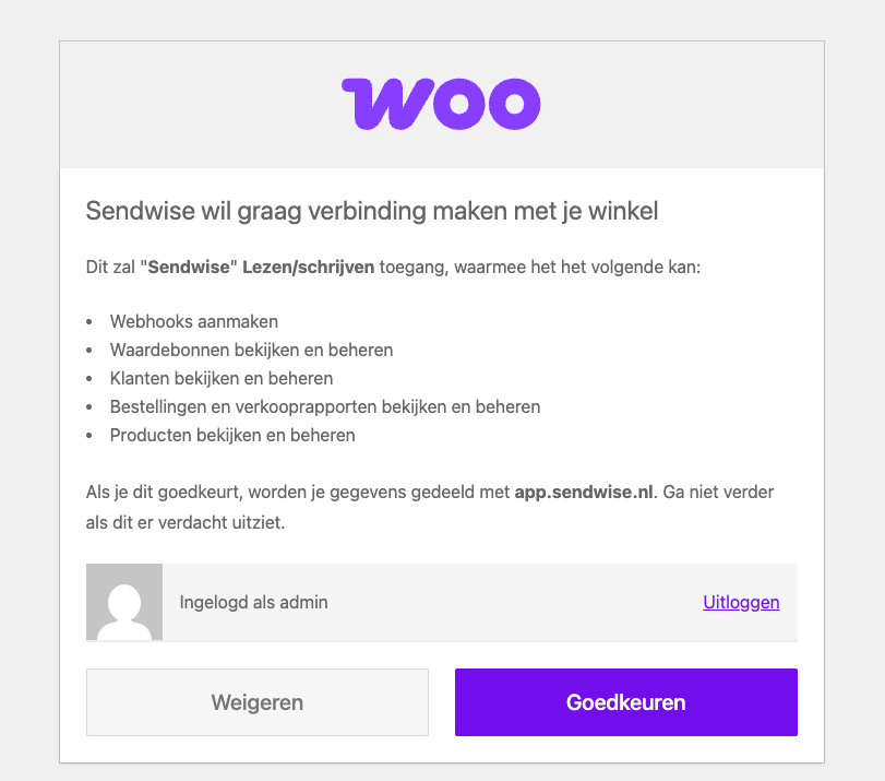WooCommerce-autorisatiepagina met de knop Goedkeuren
