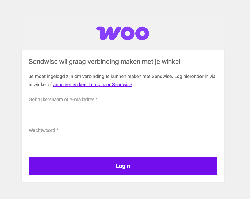 WooCommerce-inlogpagina voor het verbinden van Sendwise