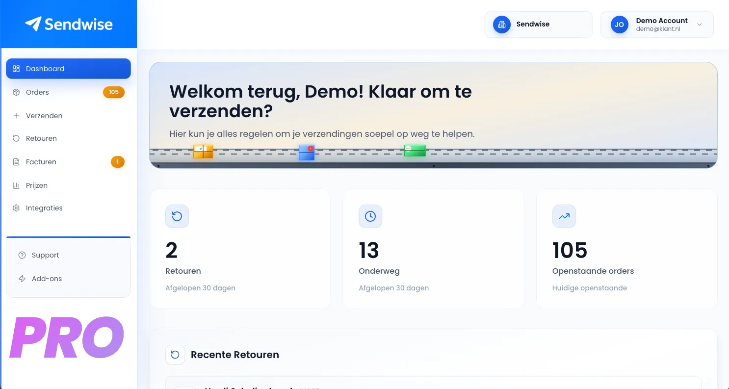 Sendwise-dashboard waarin webshoporders en zendingen samenkomen