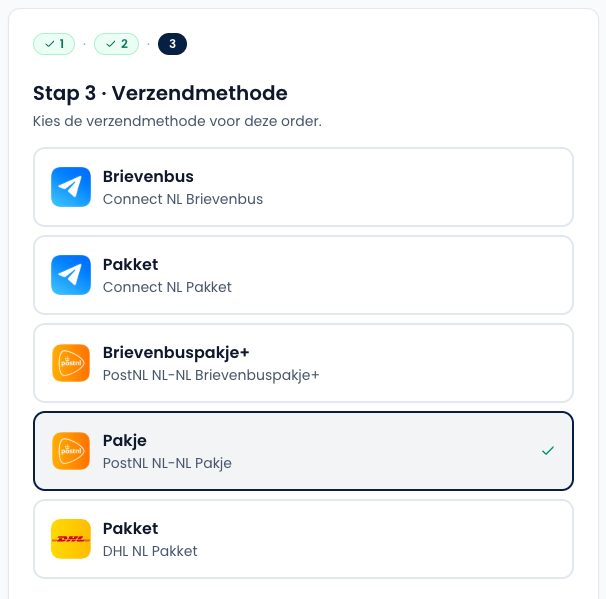 Keuze tussen brievenbuspakje en standaardpakket in Sendwise