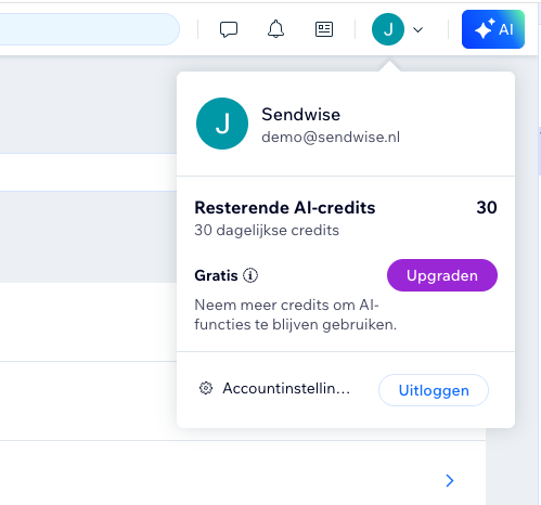 Wix accountmenu met Accountinstellingen