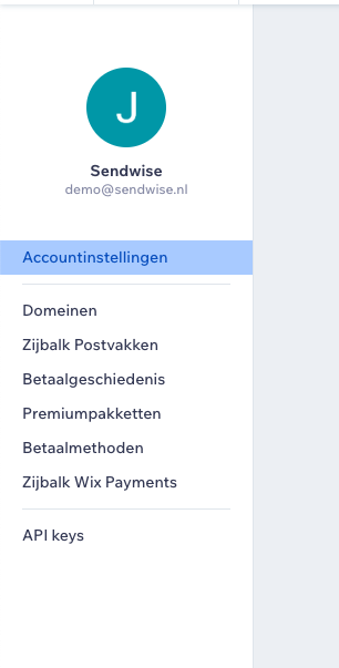 Wix accountinstellingen met API keys in de sidebar