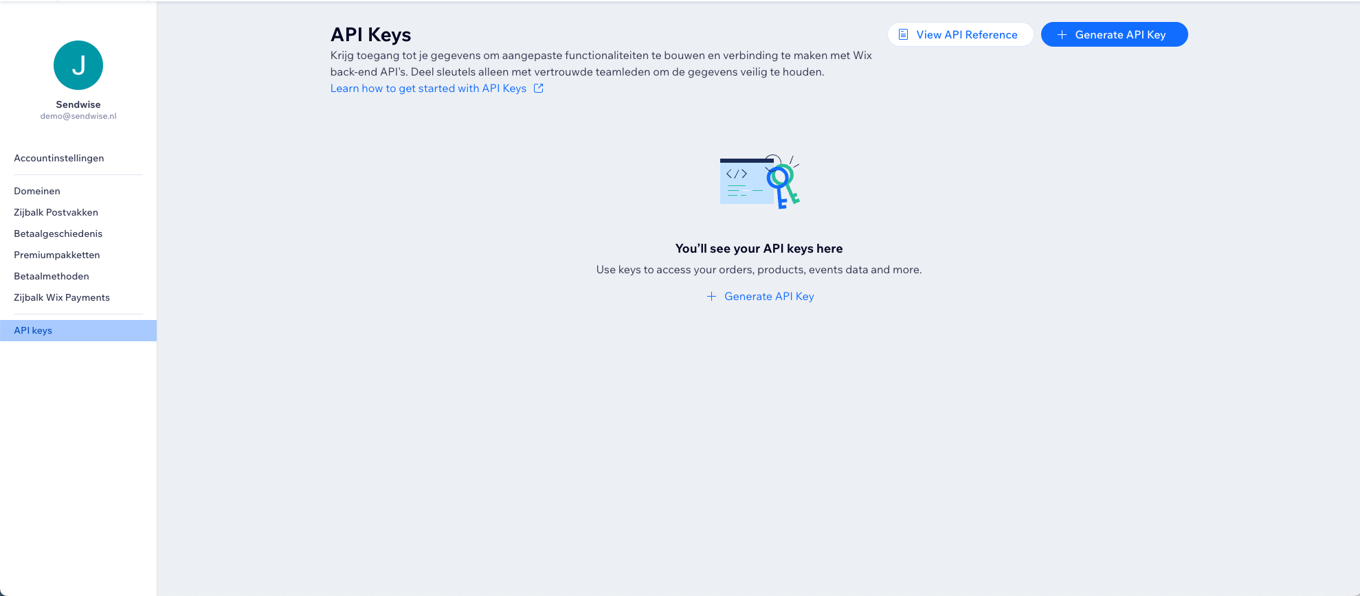 Wix API Keys overzicht met Generate API Key knop