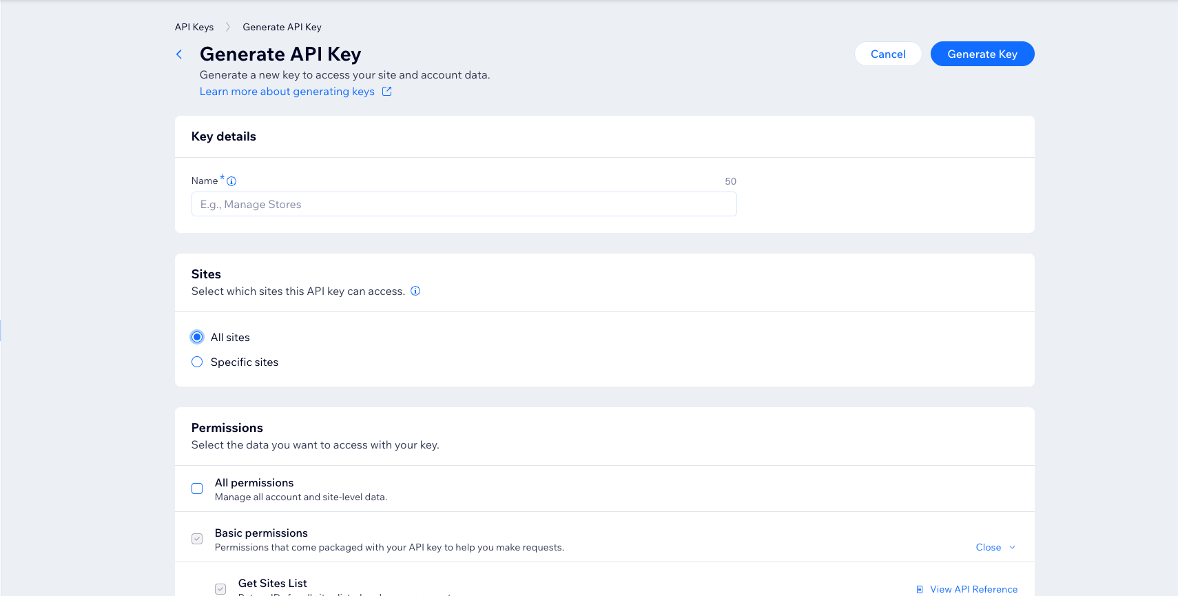 Wix formulier voor het genereren van een API key