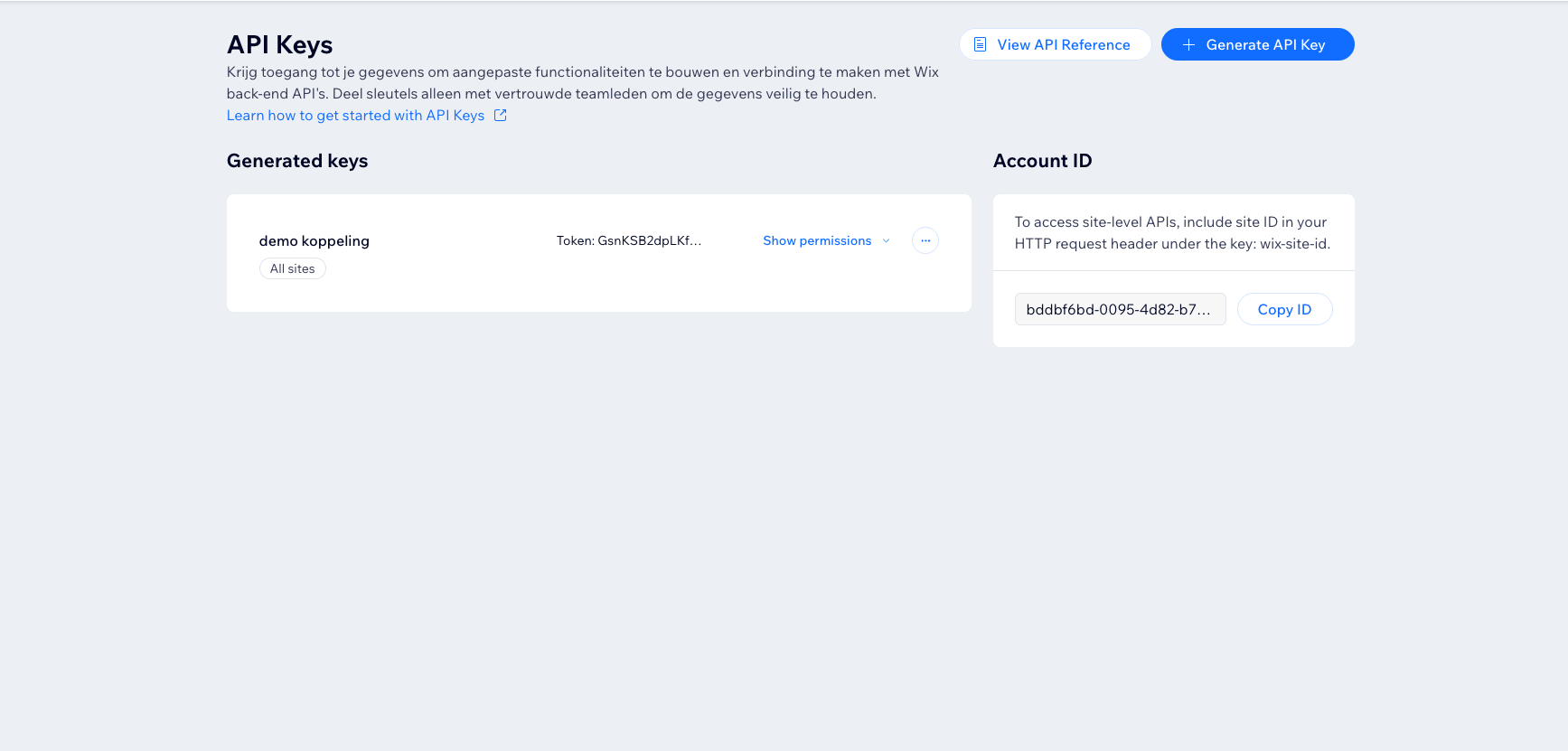 Wix API Keys overzicht met gegenereerde key en account ID