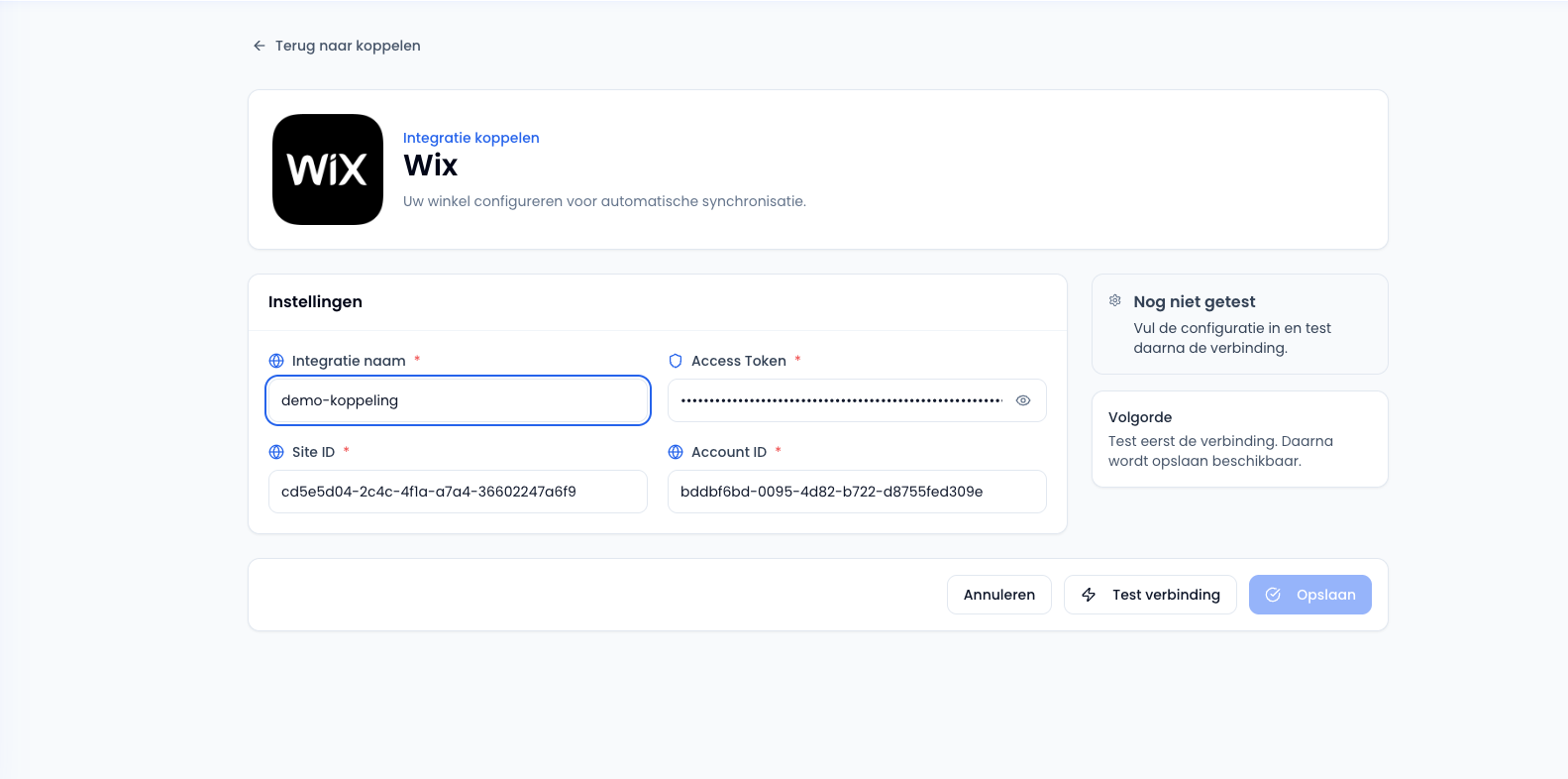 Ingevuld Sendwise Wix formulier klaar voor test