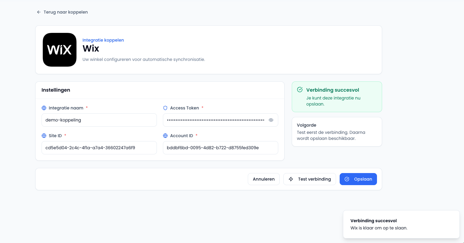Succesvolle Wix verbinding in Sendwise